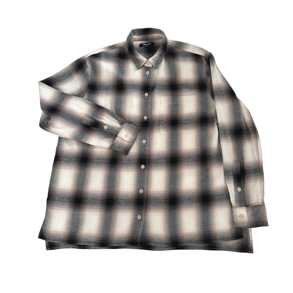 Madewell Womens Ombre Plaid Flannel Button Down Shirt Black White Tan Size M